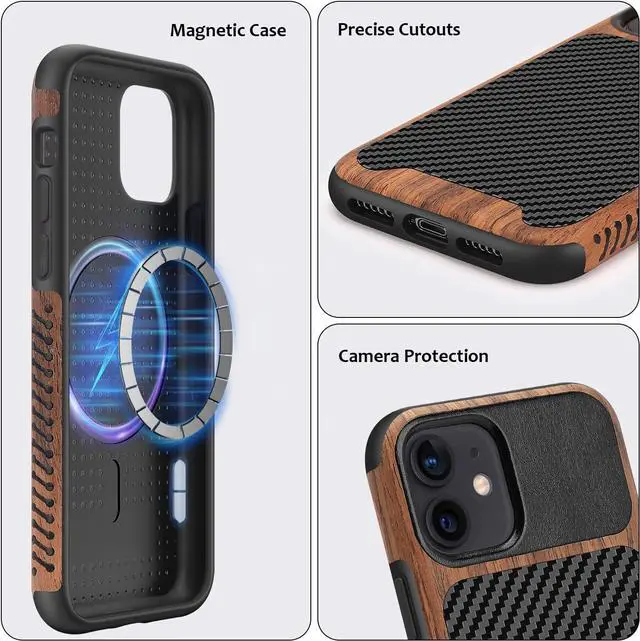 Alt view image 6 of 6 - Magnetic Case Compatible with iPhone 11 Case [Compatible with MagSafe] Wood and Leather Carbon Fiber Design Hybrid Shockproof Phone Case (Black)