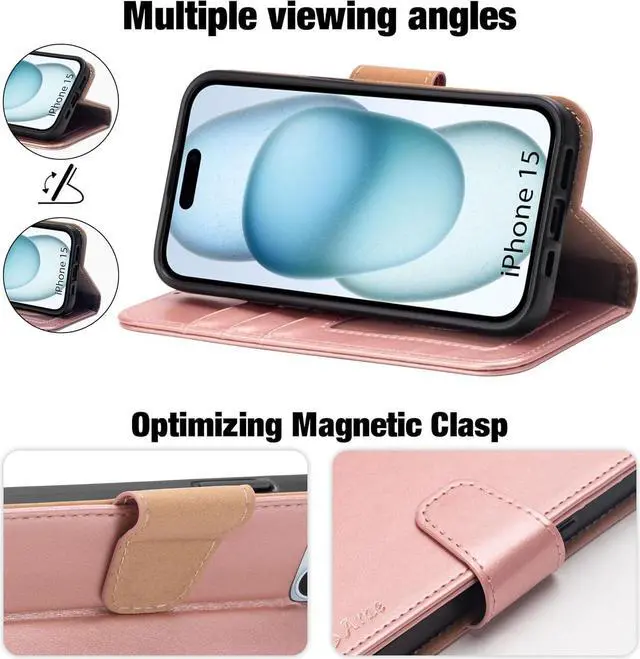 Alt view image 3 of 7 - Arae Compatible with iPhone 15 Case with Card Holder and Wrist Strap Wallet Flip Cover for iPhone 15 6.1 inch,Rose Gold