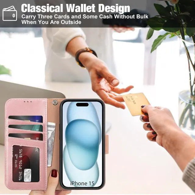 Alt view image 4 of 7 - Arae Compatible with iPhone 15 Case with Card Holder and Wrist Strap Wallet Flip Cover for iPhone 15 6.1 inch,Rose Gold