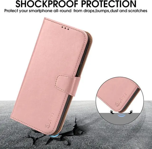 Alt view image 5 of 7 - Arae Compatible with iPhone 15 Case with Card Holder and Wrist Strap Wallet Flip Cover for iPhone 15 6.1 inch,Rose Gold