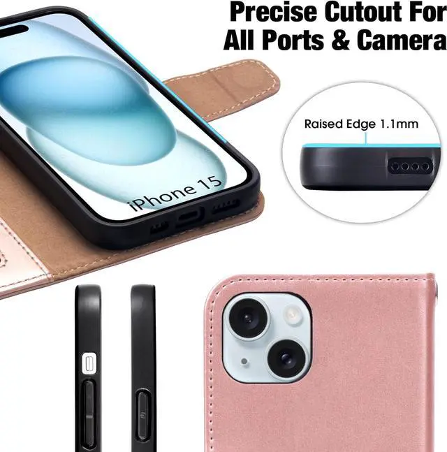 Alt view image 6 of 7 - Arae Compatible with iPhone 15 Case with Card Holder and Wrist Strap Wallet Flip Cover for iPhone 15 6.1 inch,Rose Gold