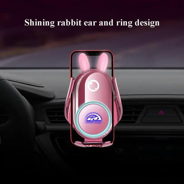 Alt view image 4 of 5 - Car Phone Holder Mount Wireless Charging Auto Clamping Rotatable Vent Clip Cute Pink Rabbit Woman for iPhone Samsung Andriod Phone