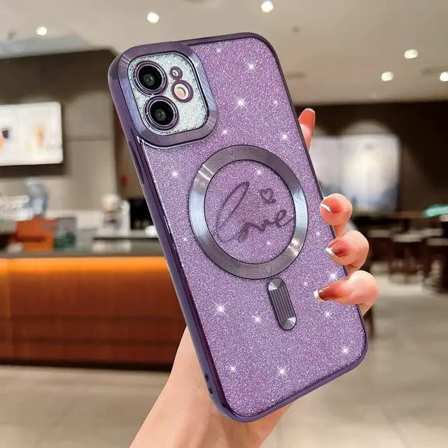 Alt view image 2 of 7 - for iPhone 11 Magnetic Glitter Clear Case, [Compatible with Magsafe] Luxury Plating Love Heart Pattern Design, Full Camera Lens Protector Soft TPU Protective Case for Women 6.1"-Purple