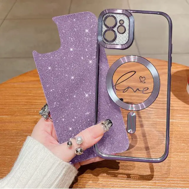 Alt view image 3 of 7 - for iPhone 11 Magnetic Glitter Clear Case, [Compatible with Magsafe] Luxury Plating Love Heart Pattern Design, Full Camera Lens Protector Soft TPU Protective Case for Women 6.1"-Purple