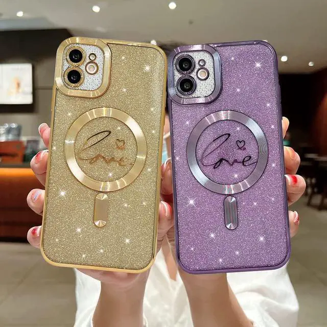 Alt view image 4 of 7 - for iPhone 11 Magnetic Glitter Clear Case, [Compatible with Magsafe] Luxury Plating Love Heart Pattern Design, Full Camera Lens Protector Soft TPU Protective Case for Women 6.1"-Purple