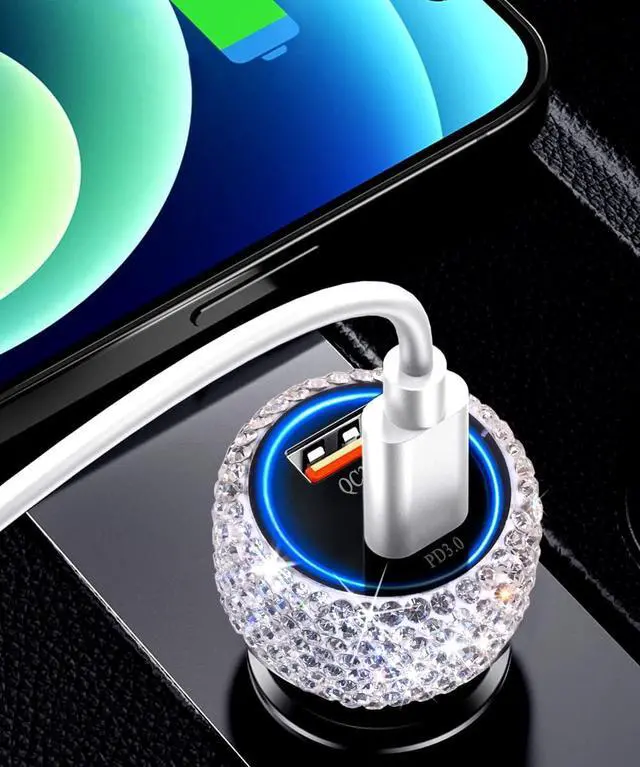 Alt view image 4 of 7 - USB C Car Charger Adapter 54W Bling Diamond PD & QC 2-Port Type C Compact Car Charger Compatible for iPhone, iPad, Samsung Galaxy, LG, Google Pixel, Moto, USB-C Port