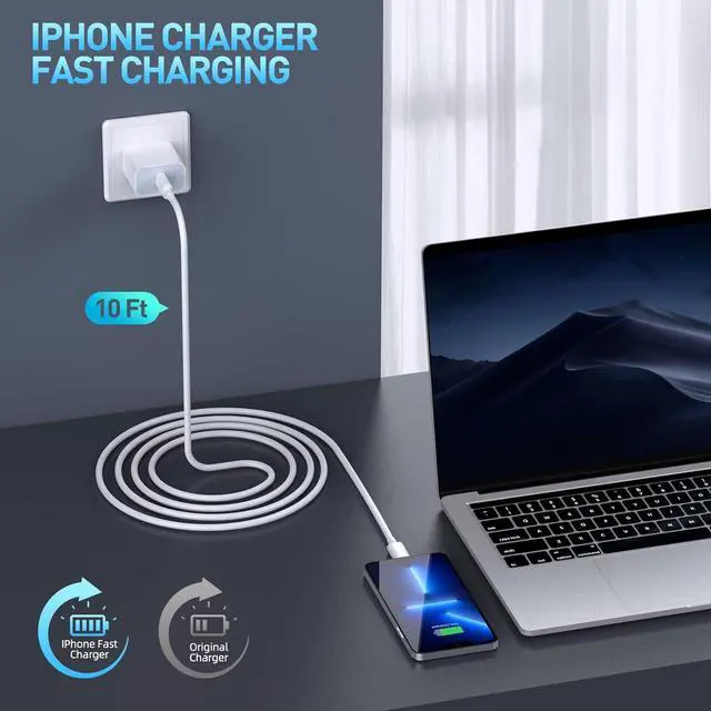 Alt view image 2 of 7 - Fast Charger iPhone,3Pack Apple Charger 10 FT iPhone Charger Fast Charging,Apple USB C Wall Charger,Long 10 Foot USB C to Lightning Cable Cord for Apple iPhone 14 Pro Max/13 Pro/12 MINI/11/SE/X