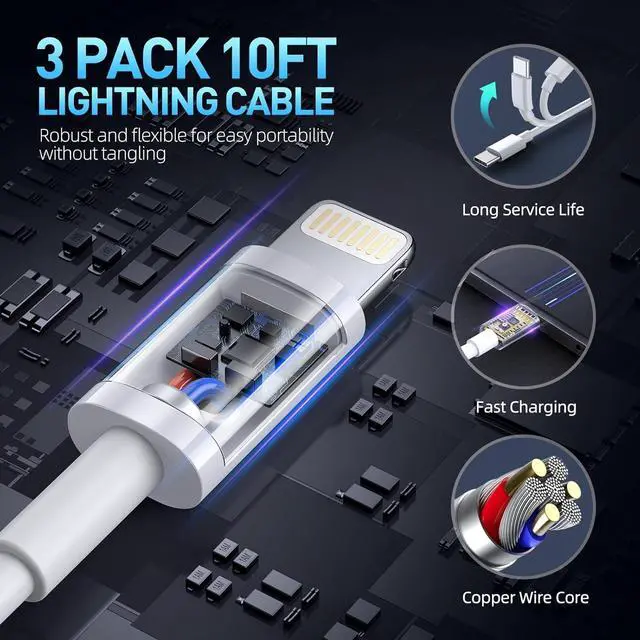 Alt view image 5 of 7 - Fast Charger iPhone,3Pack Apple Charger 10 FT iPhone Charger Fast Charging,Apple USB C Wall Charger,Long 10 Foot USB C to Lightning Cable Cord for Apple iPhone 14 Pro Max/13 Pro/12 MINI/11/SE/X