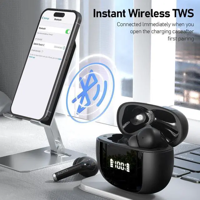 Alt view image 4 of 7 - Wireless Earbuds, Bluetooth Headphones 5.3 with LED Power Display Charging Case,True Wireless Earphones Deep Bass Stereo Sound TWS Microphone, IP67Waterproof for Sleep Sport Workout GamBlack