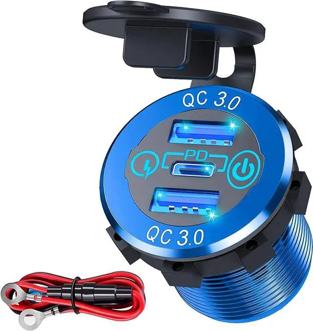 Main image of 12V USB Outlet, 30W USB C & 30W Dual QC 3.0 USB A Port, Quick Charge 12V 24V USB C Outlet with Touch Switch, Waterproof Charger Socket for Car RV Boat Marine Motorcycle Truck Golf Cart