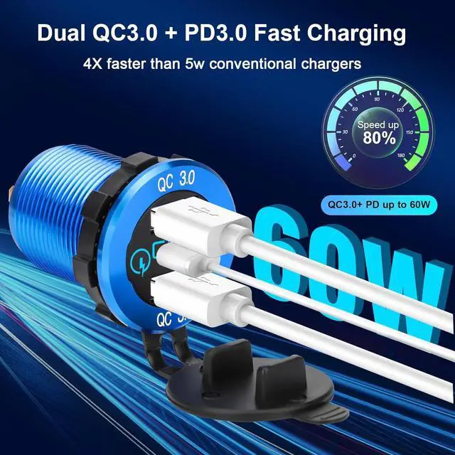 Alt view image 2 of 7 - 12V USB Outlet, 30W USB C & 30W Dual QC 3.0 USB A Port, Quick Charge 12V 24V USB C Outlet with Touch Switch, Waterproof Charger Socket for Car RV Boat Marine Motorcycle Truck Golf Cart