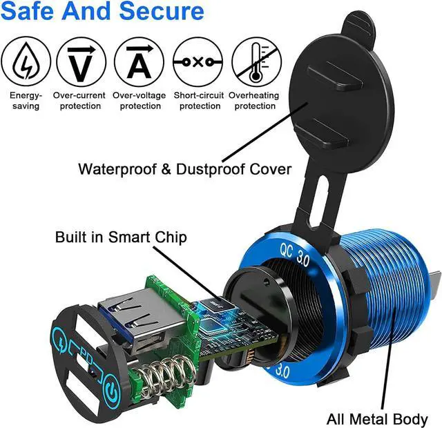 Alt view image 3 of 7 - 12V USB Outlet, 30W USB C & 30W Dual QC 3.0 USB A Port, Quick Charge 12V 24V USB C Outlet with Touch Switch, Waterproof Charger Socket for Car RV Boat Marine Motorcycle Truck Golf Cart