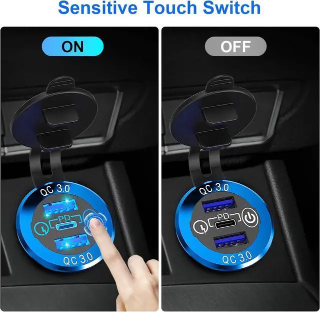 Alt view image 4 of 7 - 12V USB Outlet, 30W USB C & 30W Dual QC 3.0 USB A Port, Quick Charge 12V 24V USB C Outlet with Touch Switch, Waterproof Charger Socket for Car RV Boat Marine Motorcycle Truck Golf Cart