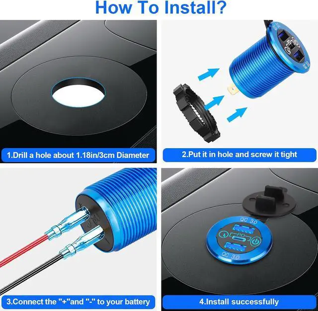 Alt view image 5 of 7 - 12V USB Outlet, 30W USB C & 30W Dual QC 3.0 USB A Port, Quick Charge 12V 24V USB C Outlet with Touch Switch, Waterproof Charger Socket for Car RV Boat Marine Motorcycle Truck Golf Cart
