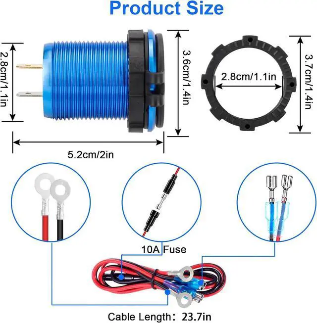 Alt view image 6 of 7 - 12V USB Outlet, 30W USB C & 30W Dual QC 3.0 USB A Port, Quick Charge 12V 24V USB C Outlet with Touch Switch, Waterproof Charger Socket for Car RV Boat Marine Motorcycle Truck Golf Cart