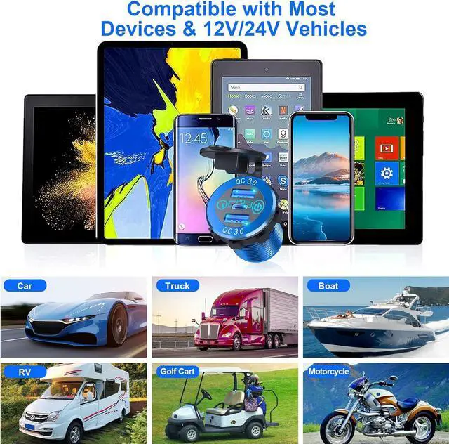 Alt view image 7 of 7 - 12V USB Outlet, 30W USB C & 30W Dual QC 3.0 USB A Port, Quick Charge 12V 24V USB C Outlet with Touch Switch, Waterproof Charger Socket for Car RV Boat Marine Motorcycle Truck Golf Cart