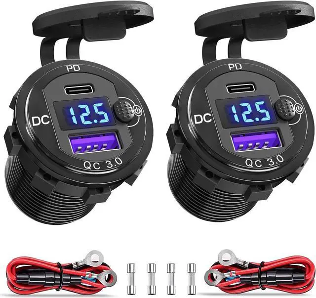 Main image of [Upgraded Version] 12V USB Outlet 2 Pack, OUFFUN PD 20W USB-C and 18W QC3.0 USB Port Aluminum USB C 12V Charger Socket with Power Switch Voltmeter for Car Boat Marine Bus Truck Golf Cart RV Motorcycle