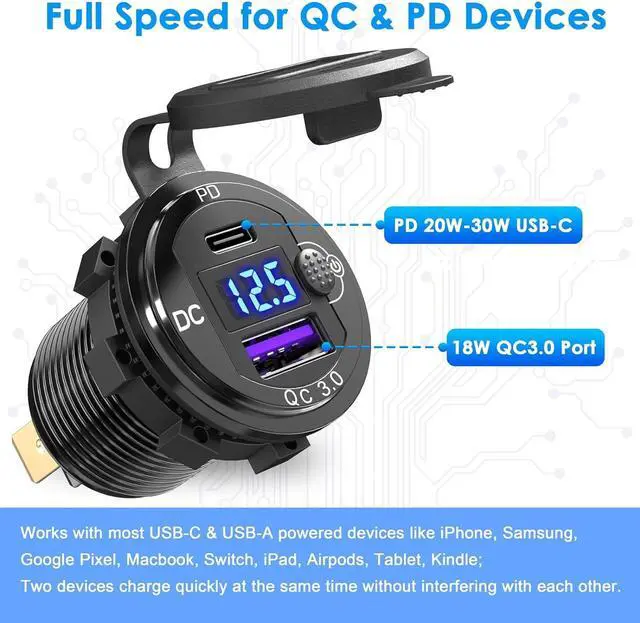 Alt view image 2 of 7 - [Upgraded Version] 12V USB Outlet 2 Pack, OUFFUN PD 20W USB-C and 18W QC3.0 USB Port Aluminum USB C 12V Charger Socket with Power Switch Voltmeter for Car Boat Marine Bus Truck Golf Cart RV Motorcycle