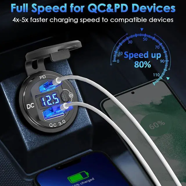 Alt view image 3 of 7 - [Upgraded Version] 12V USB Outlet 2 Pack, OUFFUN PD 20W USB-C and 18W QC3.0 USB Port Aluminum USB C 12V Charger Socket with Power Switch Voltmeter for Car Boat Marine Bus Truck Golf Cart RV Motorcycle