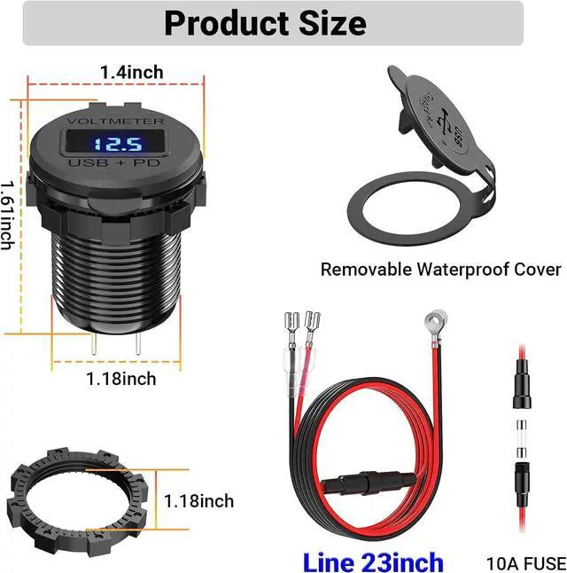 Alt view image 7 of 7 - [Upgraded Version] 12V USB Outlet 2 Pack, OUFFUN PD 20W USB-C and 18W QC3.0 USB Port Aluminum USB C 12V Charger Socket with Power Switch Voltmeter for Car Boat Marine Bus Truck Golf Cart RV Motorcycle