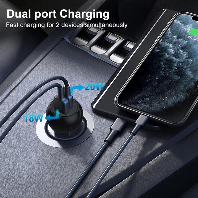 Alt view image 3 of 6 - USB C Car Charger Adapter, 12V Car Charger Multi Port, 38W 2 Port Car Charger, PD 20W& QC 18W Cigarette Lighter Adapter, USB C Car Plug Fast Charging iPhone 14/13/12, iPad Air/Pro, S20/S10, Note 21/20