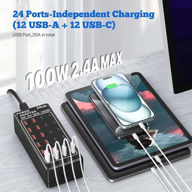 Alt view image 2 of 7 - USB Charger, USB C Charger Block, 100W (20A) 24 Port Multiple USB Charger Station Desktop USB Wall Charger 12 USB A 12 USB C Compatible for Apple iPhone, iPad, Samsung Galaxy, Laptop, Pixel, Phones