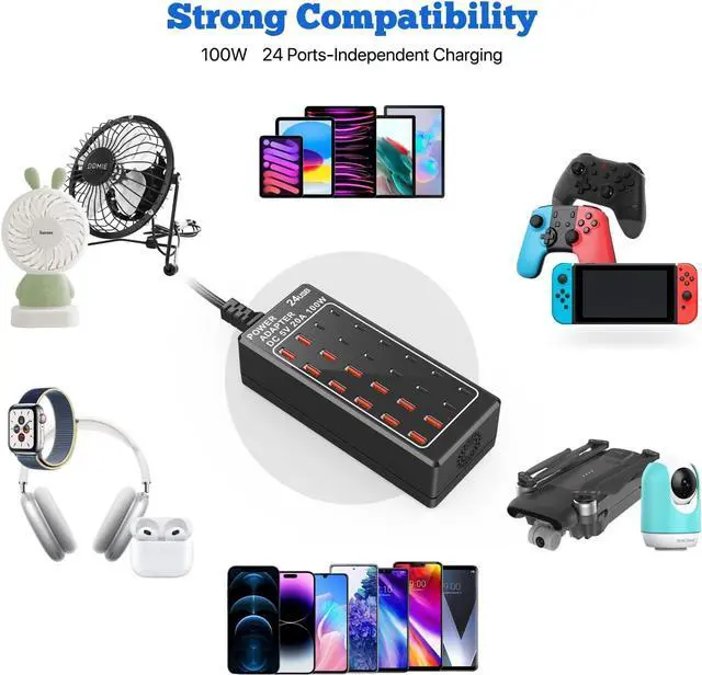 Alt view image 3 of 7 - USB Charger, USB C Charger Block, 100W (20A) 24 Port Multiple USB Charger Station Desktop USB Wall Charger 12 USB A 12 USB C Compatible for Apple iPhone, iPad, Samsung Galaxy, Laptop, Pixel, Phones