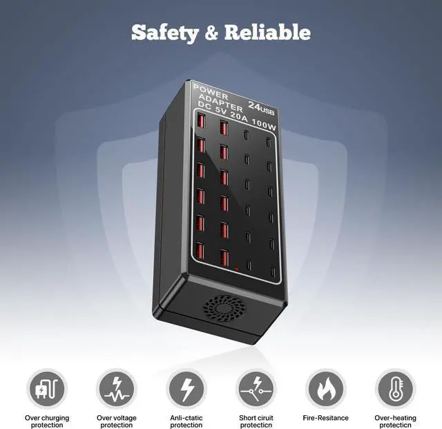 Alt view image 4 of 7 - USB Charger, USB C Charger Block, 100W (20A) 24 Port Multiple USB Charger Station Desktop USB Wall Charger 12 USB A 12 USB C Compatible for Apple iPhone, iPad, Samsung Galaxy, Laptop, Pixel, Phones