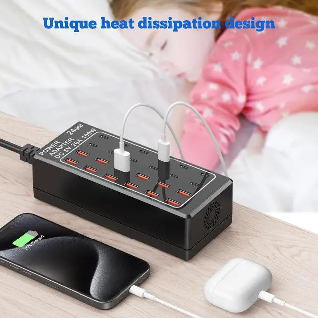 Alt view image 5 of 7 - USB Charger, USB C Charger Block, 100W (20A) 24 Port Multiple USB Charger Station Desktop USB Wall Charger 12 USB A 12 USB C Compatible for Apple iPhone, iPad, Samsung Galaxy, Laptop, Pixel, Phones