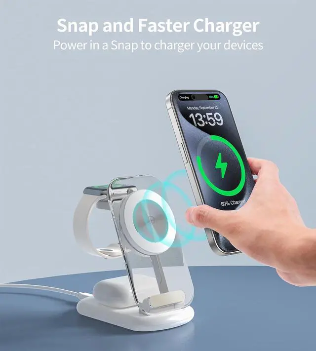 Alt view image 3 of 7 - 3 in 1 Wireless Charging Station for Mag-Safe, Foldable Adjustable Magnetic Wireless Charger, Travel Mag-Safe Charger Stand with Light for iPhone 15/14/13/12 Series, AirPods 3/2/Pro, Apple Watch