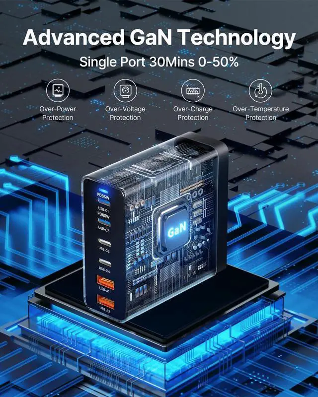 Alt view image 3 of 6 - USB C Charger Block, 165W GaN 6 Port USB C Fast Charging Station Hub Block Wall Charger Power Strip Adapter Plug Cube for iPad iPhone 16 15 14 13 12 11 Pro Max Pixel Note Galaxy MacBook Air