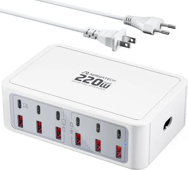 Main image of 12-Ports Multiple USB C Fast Charging Station, 220W GaN Charger Hub with European Travel Plug, PD 65W Laptop Charger for MacBook iPad iPhone Google Pixelbook Dell XPS Galaxy Steam Deck - White