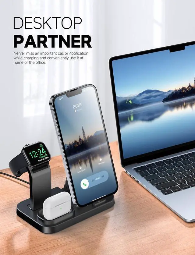 Alt view image 4 of 5 - Wireless Charging Station 3 in 1 Compatible with  Devices Charging Dock for iWatch Built-in Wireless Charger Stand for iPhone Series AirPods Gifts (with 18W Adapter) Graphite Black