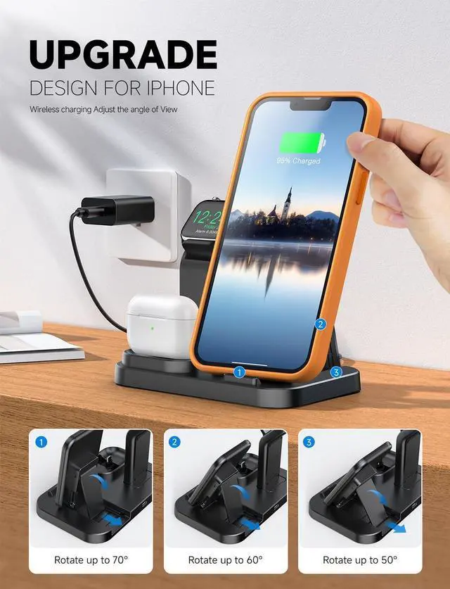 Alt view image 5 of 5 - Wireless Charging Station 3 in 1 Compatible with  Devices Charging Dock for iWatch Built-in Wireless Charger Stand for iPhone Series AirPods Gifts (with 18W Adapter) Graphite Black