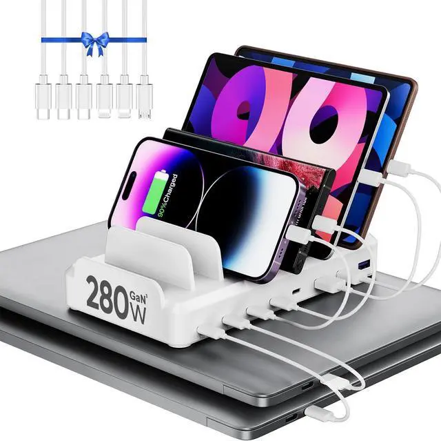Main image of 280W Charging Station for Multiple Devices, 8 Port USB C Charging Station Fast Charge for MacBook iPhone 15 Phone iPad Tablets (6 Mixed Short Cables Included) White