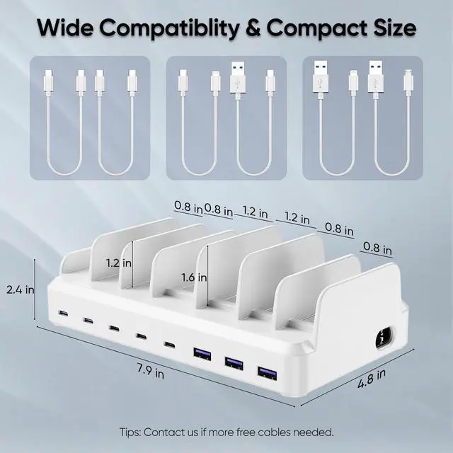 Alt view image 4 of 4 - 280W Charging Station for Multiple Devices, 8 Port USB C Charging Station Fast Charge for MacBook iPhone 15 Phone iPad Tablets (6 Mixed Short Cables Included) White