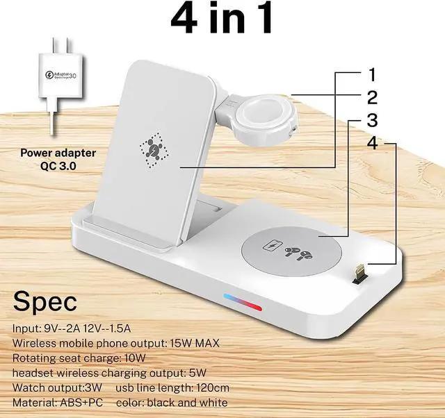 Alt view image 7 of 7 - 4-in-1 Fast Wireless Charging Station for iPhone16/15/14/13, Apple Watch Ultra/9/8, AirPods Pro,18W Qi-Certified (with QC3.0 Adapter)