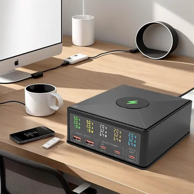 Alt view image 3 of 7 - USB Charger Station Multi Port: Desktop 160W Power Fast Charging Hub Wall Block PD 3.0  5 Ports with Wireless Pad & Digital Display