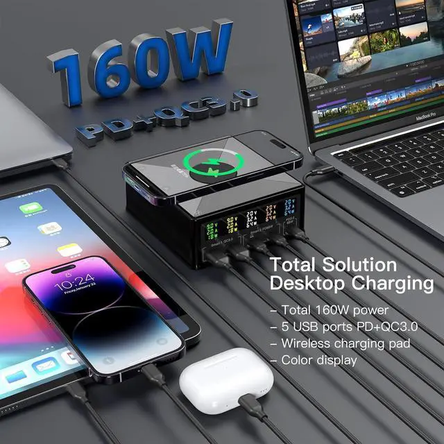 Alt view image 4 of 7 - USB Charger Station Multi Port: Desktop 160W Power Fast Charging Hub Wall Block PD 3.0  5 Ports with Wireless Pad & Digital Display