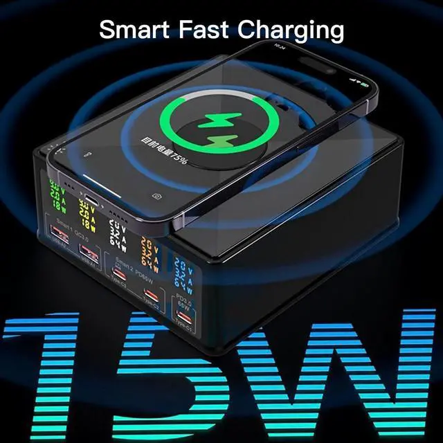 Alt view image 5 of 7 - USB Charger Station Multi Port: Desktop 160W Power Fast Charging Hub Wall Block PD 3.0  5 Ports with Wireless Pad & Digital Display