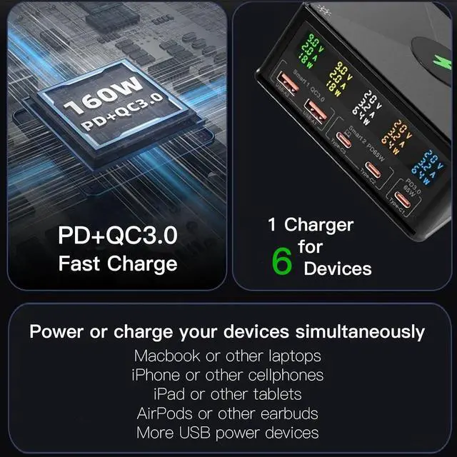 Alt view image 6 of 7 - USB Charger Station Multi Port: Desktop 160W Power Fast Charging Hub Wall Block PD 3.0  5 Ports with Wireless Pad & Digital Display