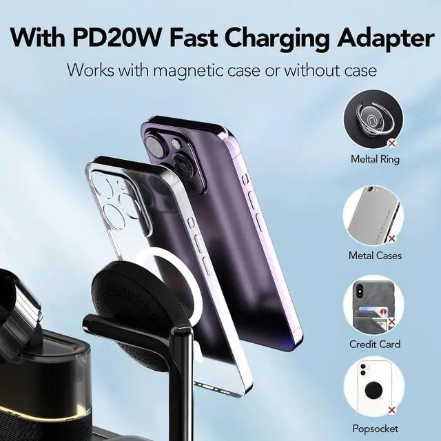 Alt view image 5 of 7 - 5 in 1 Wireless Charger with Alarm Clock for Apple, Magnetic Wirelss Charger Stand for iPhone 15/14/13/12,Apple Watch Series 9/Ultra 2/8/7/SE/SE2/6/5,Air-Pods 3/Pro/2,Mag-Safe Charging Station(Black)