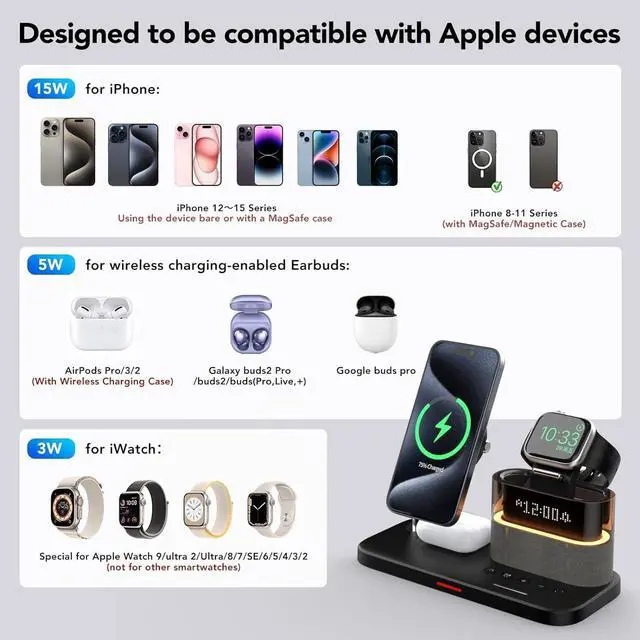 Alt view image 3 of 7 - 5 in 1 Wireless Charger with Alarm Clock for Apple, Magnetic Wirelss Charger Stand for iPhone 15/14/13/12,Apple Watch Series 9/Ultra 2/8/7/SE/SE2/6/5,Air-Pods 3/Pro/2,Mag-Safe Charging Station(Black)