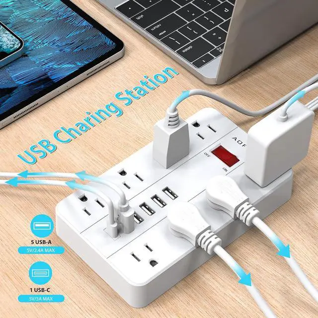 Alt view image 2 of 7 - Power Strip Surge Protector with 6 USB (1USB C) Ports,AOFO 5 ft Extension Cord Flat Plug with 8 Widely Spaced Outlets,Wall Mountable Charging Station for Phone Tablet Laptop Computer Multiple Devices
