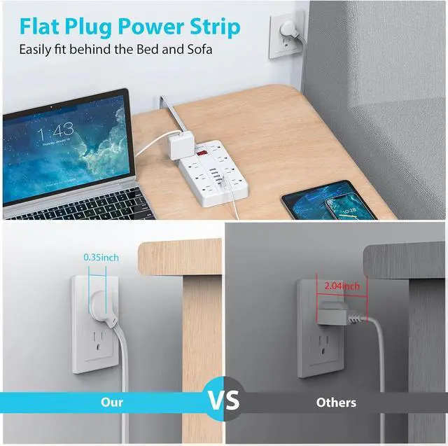 Alt view image 3 of 7 - Power Strip Surge Protector with 6 USB (1USB C) Ports,AOFO 5 ft Extension Cord Flat Plug with 8 Widely Spaced Outlets,Wall Mountable Charging Station for Phone Tablet Laptop Computer Multiple Devices