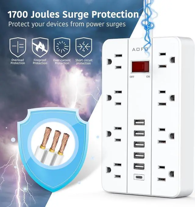 Alt view image 4 of 7 - Power Strip Surge Protector with 6 USB (1USB C) Ports,AOFO 5 ft Extension Cord Flat Plug with 8 Widely Spaced Outlets,Wall Mountable Charging Station for Phone Tablet Laptop Computer Multiple Devices