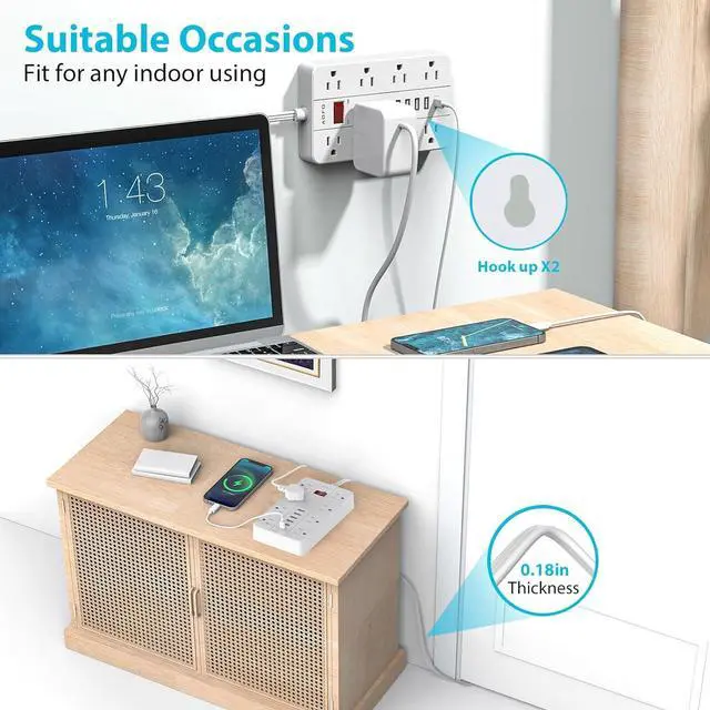 Alt view image 5 of 7 - Power Strip Surge Protector with 6 USB (1USB C) Ports,AOFO 5 ft Extension Cord Flat Plug with 8 Widely Spaced Outlets,Wall Mountable Charging Station for Phone Tablet Laptop Computer Multiple Devices