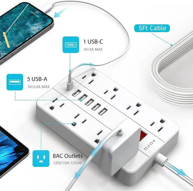 Alt view image 6 of 7 - Power Strip Surge Protector with 6 USB (1USB C) Ports,AOFO 5 ft Extension Cord Flat Plug with 8 Widely Spaced Outlets,Wall Mountable Charging Station for Phone Tablet Laptop Computer Multiple Devices