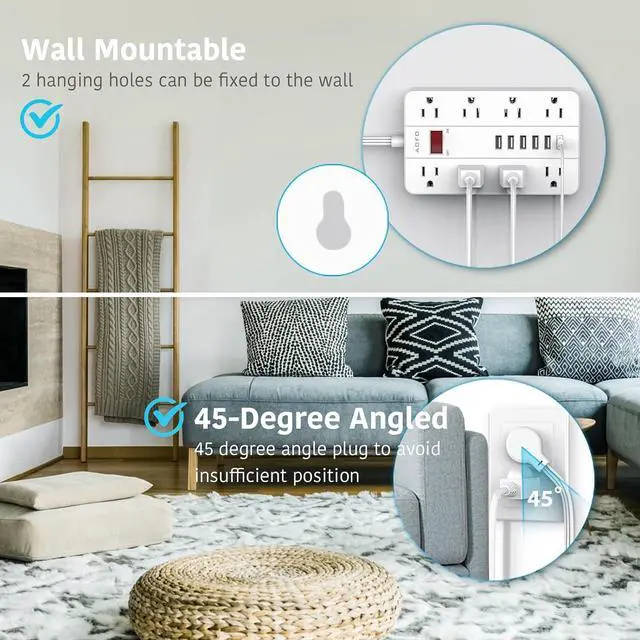 Alt view image 7 of 7 - Power Strip Surge Protector with 6 USB (1USB C) Ports,AOFO 5 ft Extension Cord Flat Plug with 8 Widely Spaced Outlets,Wall Mountable Charging Station for Phone Tablet Laptop Computer Multiple Devices
