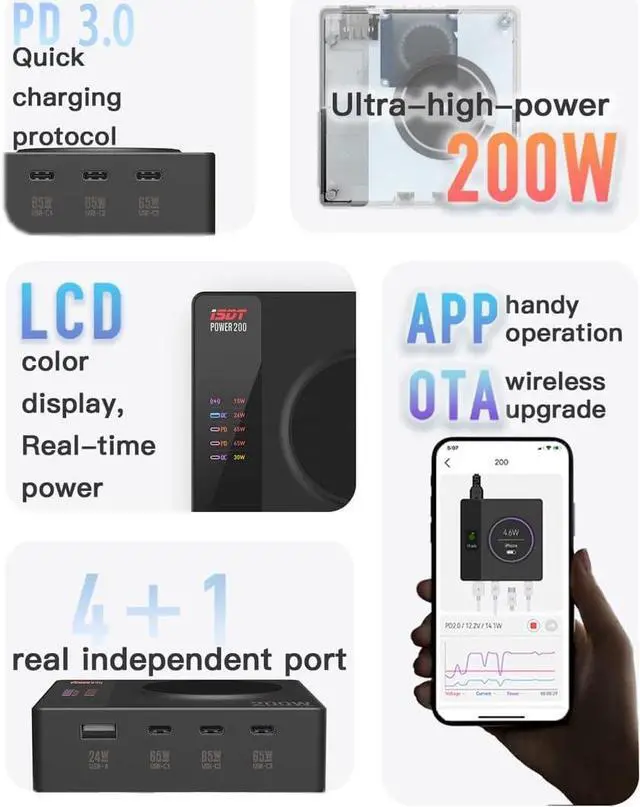 Alt view image 5 of 7 - ISDT Power 200X 200W USB C Desktop Charging Station - 4+1 Ports Supports Fast chargingvarious Operating Systems with Power Adapter,with Magnetic Charging Function